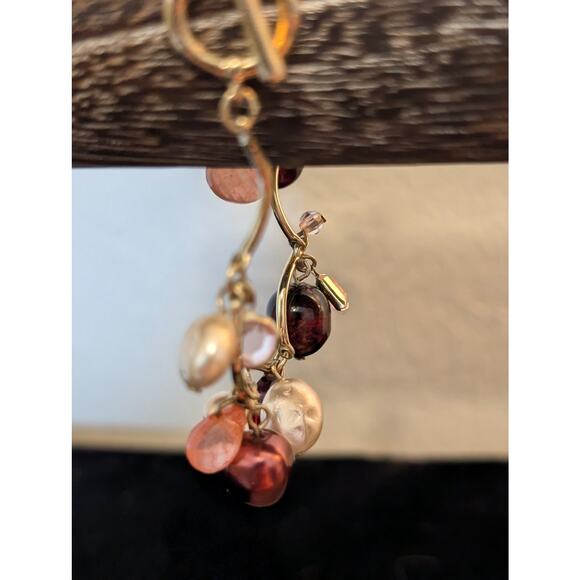 Gold Tone Colored Pearl Crystal Glass Amber Bead Scalloped Bar Toggle Bracelet - Picture 6 of 8